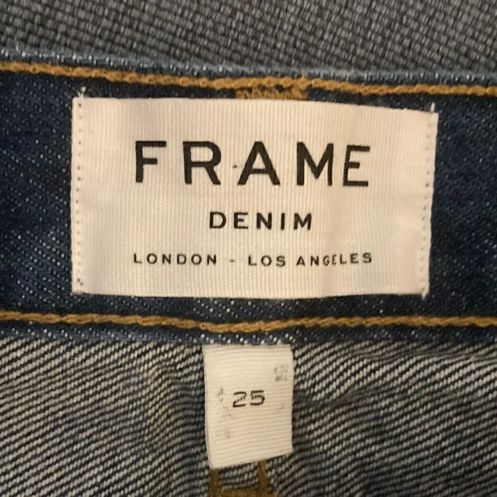 Frame Denim Mini Skirt with Raw Staggered Hem and Side Stripe/Fringe. Size 25.